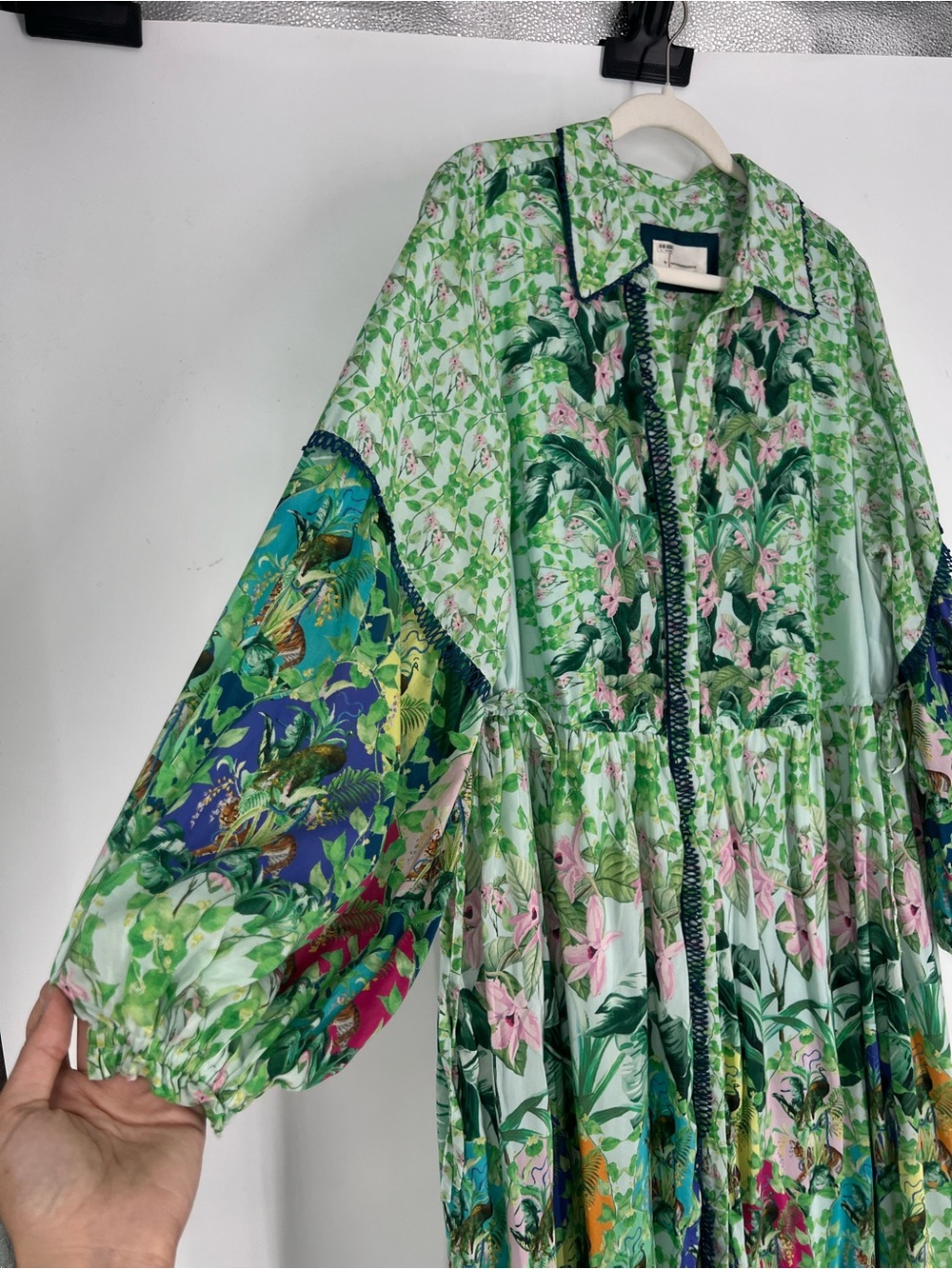 Anthropologie Floral Green Button Down Tie Waist Tropical Resort Shirt Dress 1X - Picture 2 of 9